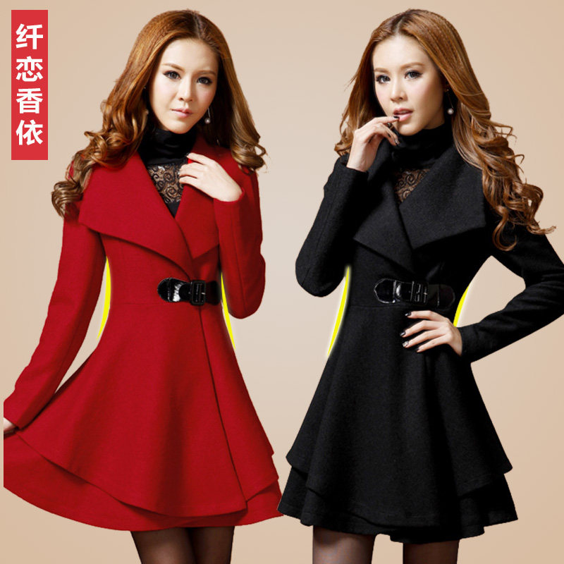 <em>秋冬装</em>新品毛呢<em>外套</em>女中长款修身毛呢大衣女红