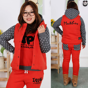  胖mm新年大码套装胖妹妹加厚连帽抓绒卫衣三件套胖妞过年新衣服