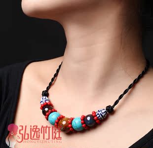  [蓝奕原创饰品] 民族手工 裂帛风 热卖青花陶瓷 绿松石 项链坠