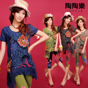  【陶陶乐】夏装新款修身蕾丝拼接灯笼袖中长款短袖T恤衫 女款