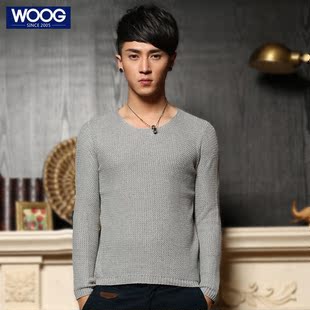  WOOG韩版男装春装男士薄毛衣加大码宽松毛线衣圆领打底针织衫