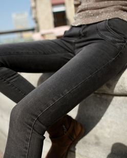  秋冬韩版潮流女装长裤深灰色紧身显瘦小脚裤牛仔裤女裤子靴裤