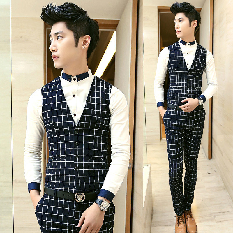 男装英伦<em>西装马甲韩版</em>修身正装<em>马夹</em>格子潮男小