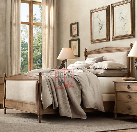 法式家具 欧式仿古做旧橡木实木床 仿旧家具 法