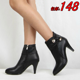  包邮百丽春秋新款真皮骑士靴高跟黑色短靴牛皮女靴子马丁靴