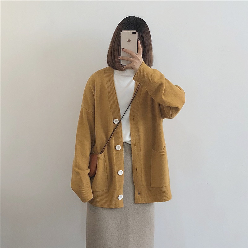 muzi 2019 spring/Lazy~Texture Well Easy Solid sweater Cardigan Turmeric/Apricot/blackin the Women's clothing/Boutique , Sweaters category - from Buy2taobao.com to provide professional Taobao agent buy service
