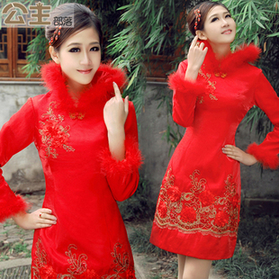  天使的嫁衣冬季婚纱礼服新款晚礼服旗袍红色短款毛夹棉结婚