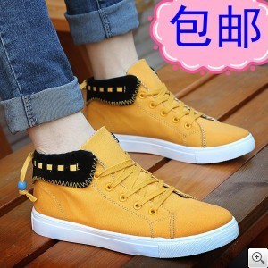  包邮春季新款雅痞休闲鞋高帮翻边帆布鞋舒适板鞋系带韩版男鞋