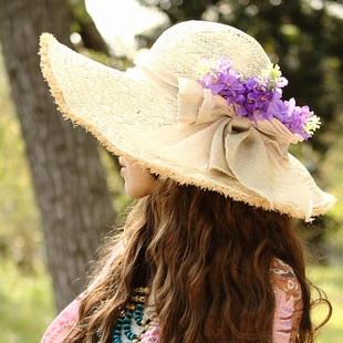 韩版帽子草帽女士花朵遮阳帽折叠大沿沙滩帽防晒太阳帽度假