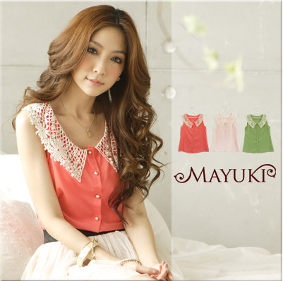 无袖雪纺衫纽扣花边...