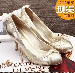  金色羊皮女鞋 后蕾丝蝴蝶结高跟鞋宴会鞋结婚鞋新娘鞋单鞋子 32码