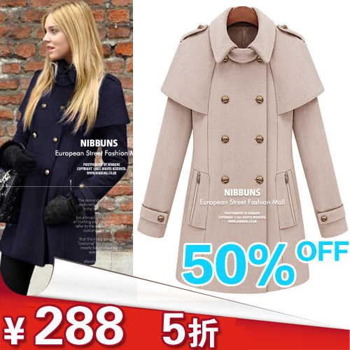 2012秋冬毛呢斗篷大衣女外套欧美中长款修身双排扣加厚呢大衣女