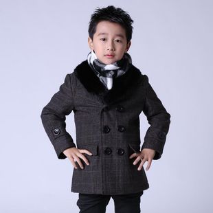  冬款童装七彩玲珑 大毛领夹棉时尚男童大衣 羊毛儿童大衣/外套