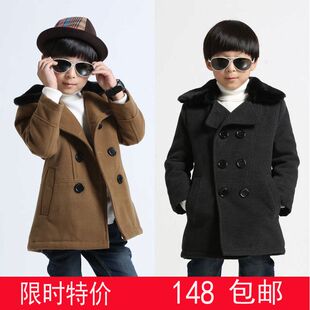  冬款童装 时尚韩版羊毛毛呢子男童大衣毛领加厚儿童外套