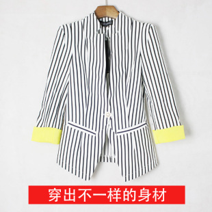  欧洲站夏装新款显瘦条纹小西装外套女韩版短薄款修身品质女装