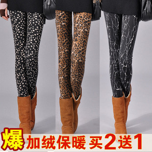  秋冬新品女装弹力显瘦加绒保暖小脚铅笔裤女士豹纹雪花打底裤 冬