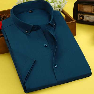 夏季竹纤维短袖衬衫男墨绿纯色修身免烫职业装工作商务正装半袖薄