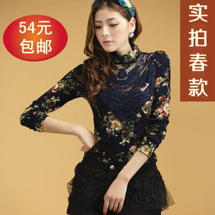 时尚女装春装打底衫 长袖 蕾丝上衣大码高领加绒小衫韩版潮