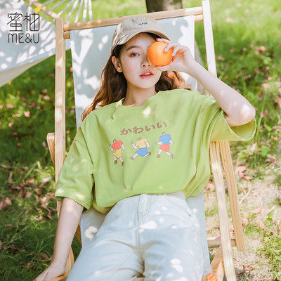 抹茶绿短袖t恤女2019新款心机小众韩版纯棉宽松学生绿色中袖上衣