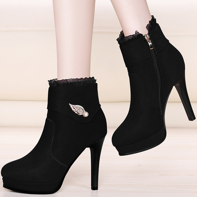 尖头女短靴2017年秋冬新款细跟防水台高跟侧拉链金属装饰时尚女靴