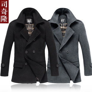  司奇隆 新款冬装男士羊毛风衣加棉加厚修身中长款英伦外套