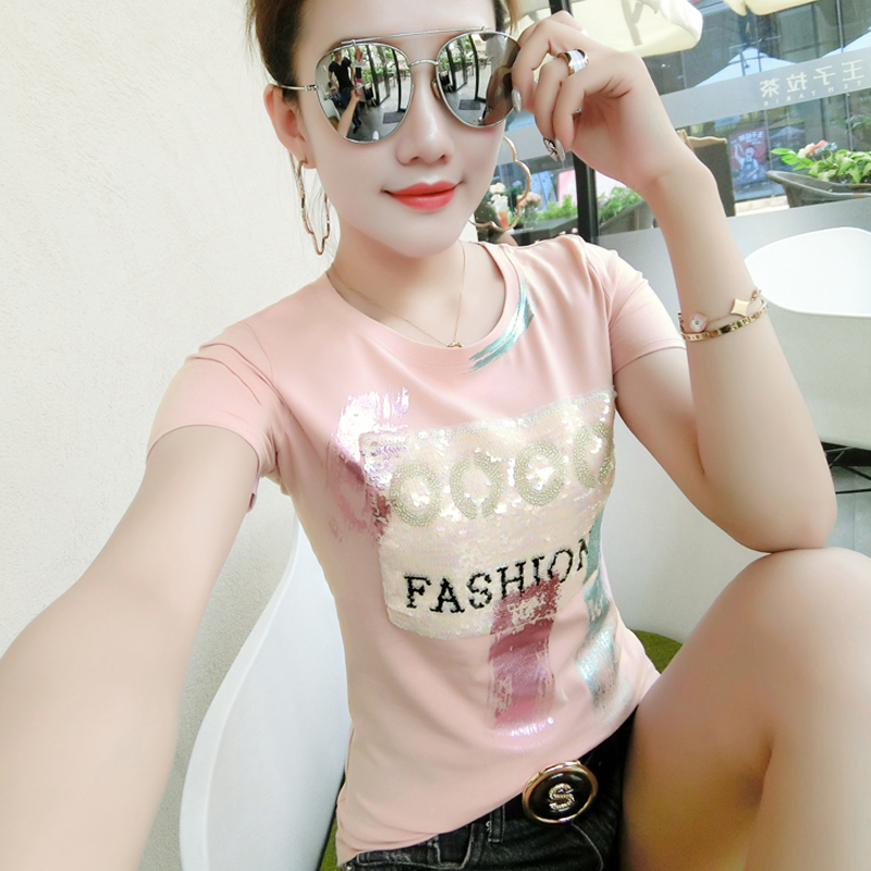 欧洲站2019新款夏装亮片t恤女短袖修身显瘦纯棉半袖体恤丅恤上衣|msdalam kategori Butik wanita / wanita, baju-T - dari Buy2taobao.com untuk memberikan perkhidmatan ejen Taobao profesional membeli