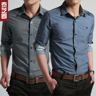  春款衬衫 男 长袖休闲衬衫 韩版休闲修身牛仔布衬衫 男士衬衣