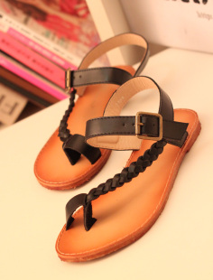  韩版简约时尚夹脚编织带镂空平底凉鞋复古文艺风底跟夏季女鞋包邮