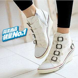  热卖 坡跟帆布鞋 坡跟鞋女鞋潮 搭扣组合高帮鞋 女韩版高跟鞋