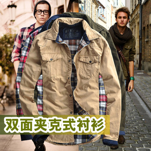  春季男装两面穿军装男士休闲夹克 军款工装男款猎装双面格子外套