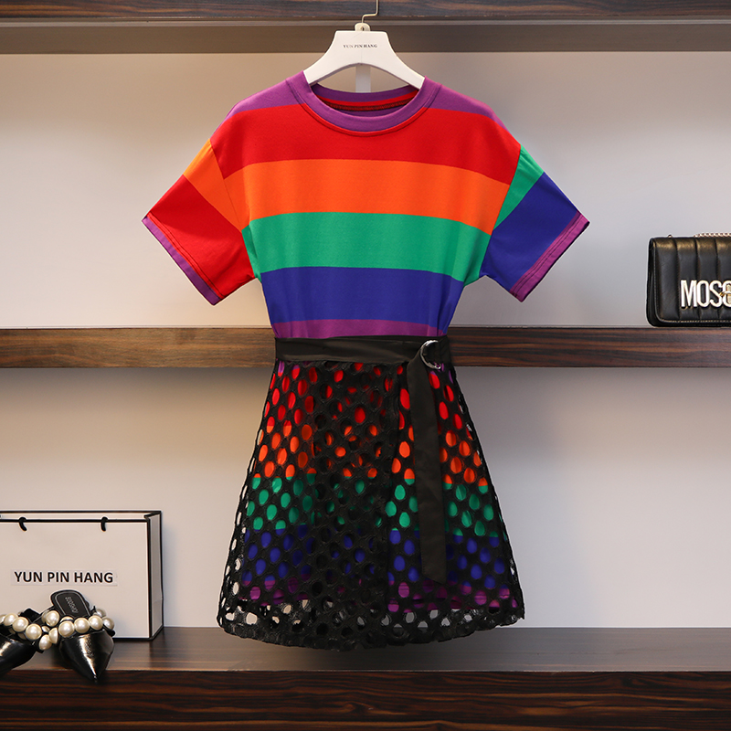 2019 Summer wear New products suit Large Women's wear Rainbow stripe Fat sister Korean Edition Easy By age Two-piece dressin the Women's clothing/Boutique , Large size women category - from Buy2taobao.com to provide professional Taobao agent buy service