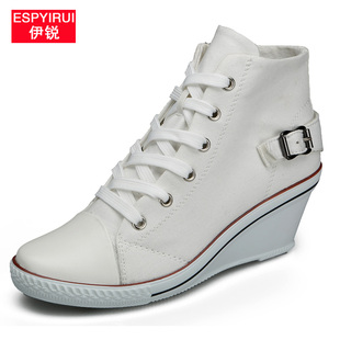  新款春夏坡跟帆布鞋韩版潮内增高休闲女高跟厚底高帮松糕增高