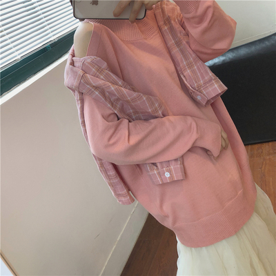 muzi2019宽松露肩纯色长袖针织衫女韩版减龄百搭显瘦圆领套头毛衣