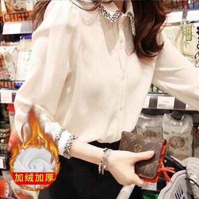 秋冬2018新款加绒雪纺白色职业衬衫女长袖打底衫上衣洋气衬衣很仙