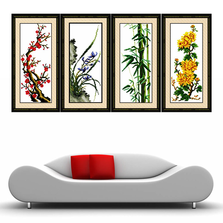 丝线梅兰竹菊<span class=H>十字绣</span>精准印花四联画客厅系列装饰画大幅最新款大画