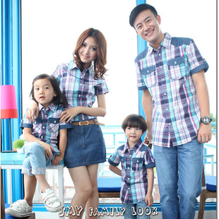  新款亲子装夏装全家装家庭装母子装父子装短袖衬衫拼接牛仔裙