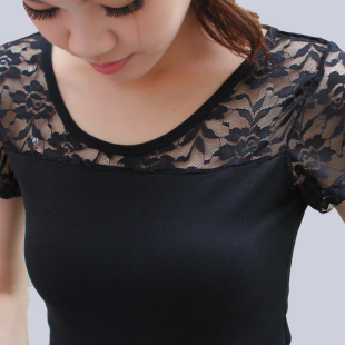  女装夏装新款韩版蕾丝上衣短袖T恤性感露背圆领打底衫小衫