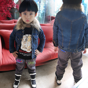 韩版童装2013冬真毛领加绒百搭儿童牛仔衣男