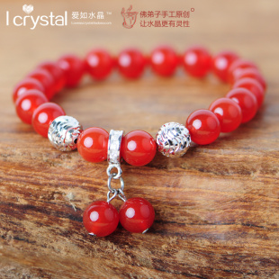  樱桃 红色纯天然水晶玛瑙手链 925纯银转运珠 女 时尚 本命年饰品