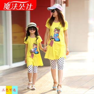  母女装亲子装夏装新款 韩版镶钻儿童短袖t恤 女童装卡通套装