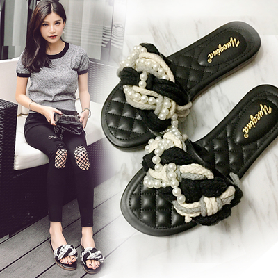 平底拖鞋女夏2017新款露趾百搭外穿平跟小香风珍珠拼色麻绳一字拖