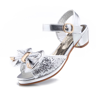  奔仔童鞋夏季新款亮片女童凉鞋蝴蝶结舞蹈鞋金属色儿童凉鞋女
