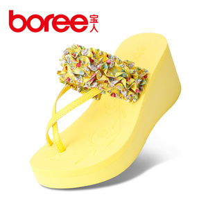  宝人夏季拖鞋高跟凉拖鞋松糕厚底沙滩鞋坡跟凉拖夹脚女人字拖包邮