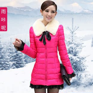  新款冬装韩版棉袄修身中长款棉服蕾丝蝴蝶结外套女棉衣清仓
