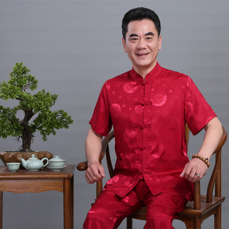 Middle-aged and elderly people mulberry silk Short sleeved Tang costume suit the elderly clothes Chinese style grandpa Birthday birthday Jubilation Summer wearin the Men's clothing, National costume category - from Buy2taobao.com to provide professional Taobao agent buy service