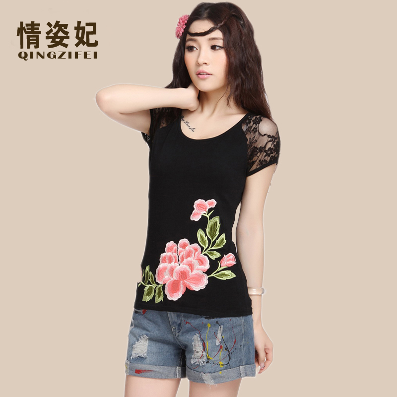 绣花蕾丝拼接女士t恤...