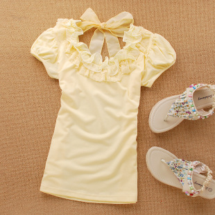  批发  夏装新款女装 韩版淑女蕾丝拼接花边修身短袖T恤QS662