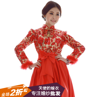  结婚新娘旗袍裙 新款时尚旗袍礼服 冬季红色加厚夹棉敬酒服