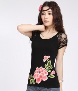  正品质量 裂帛民族风女装 夏季新款蕾丝拼接 绣花修身女短袖T恤