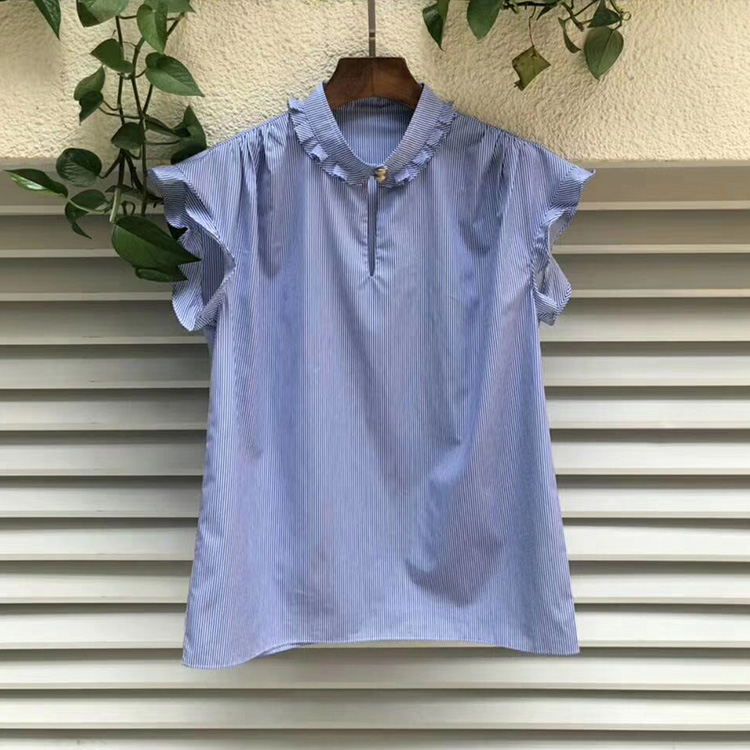 Mavericks goods!Remaining on the cabinet Fabric Exquisite and dense Flying sleeve stand collar Blue striped shirt Blousein the Women's clothing/Boutique , Shirt category - from Buy2taobao.com to provide professional Taobao agent buy service